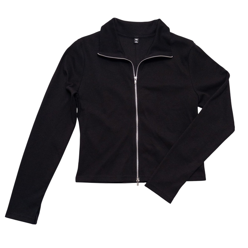GU Cropped Jacket Women Large‎ Black Ribbed Zip Front